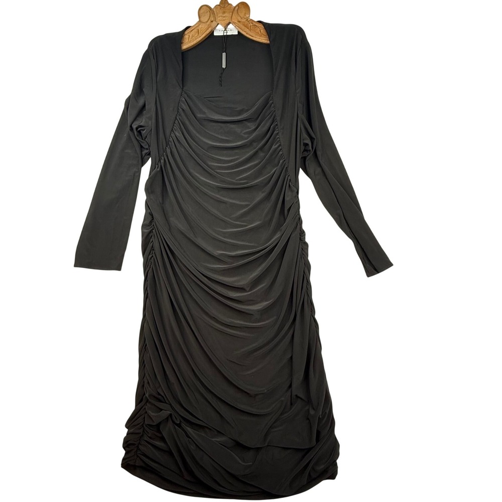 Tahari Woman Black Ruched Bodycon Dress Square Neck Long Sleeve Plus Size 2X
